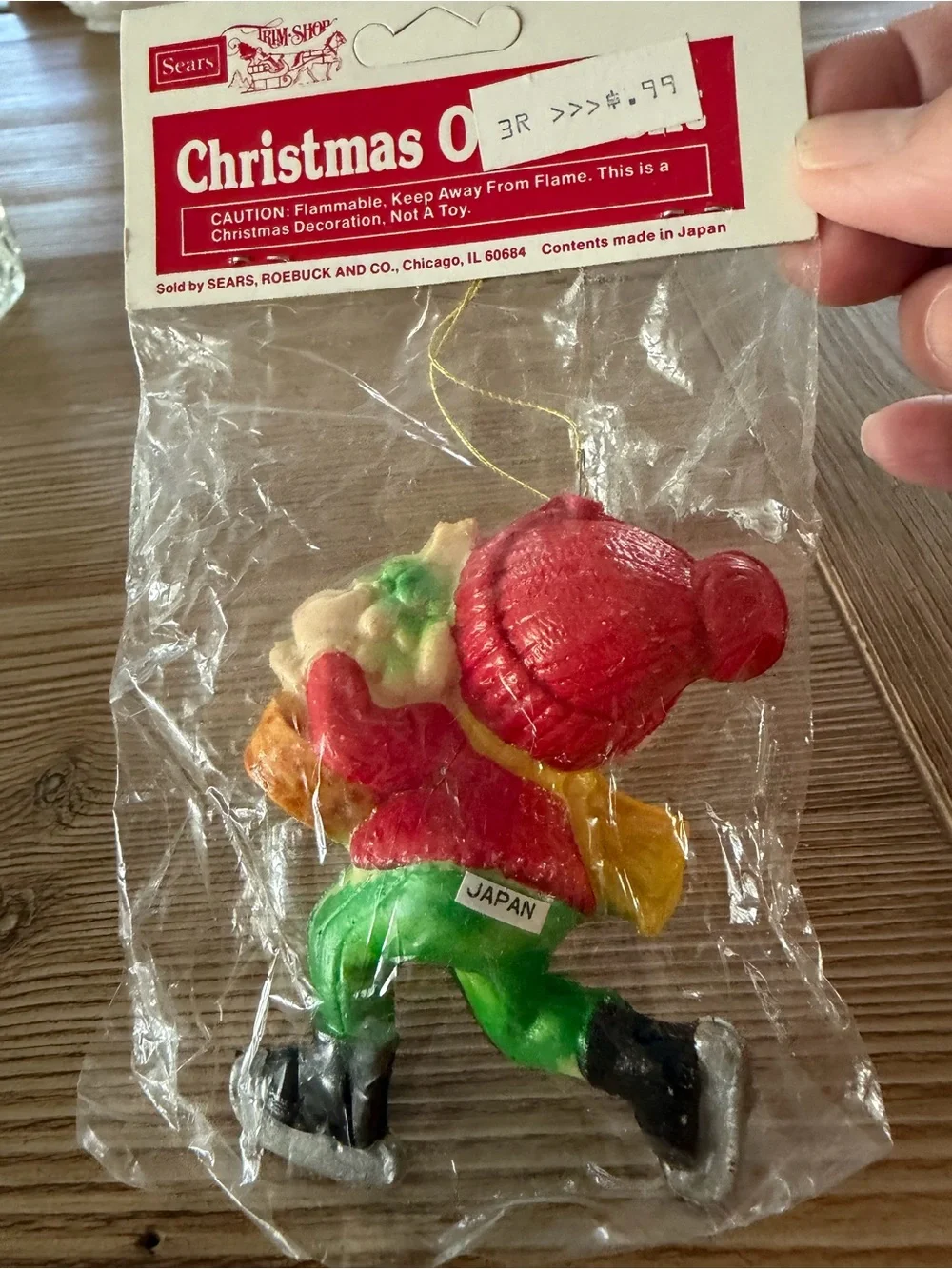 Vintage Sears Plastic Ornament Boy on Snow Blades NEW
